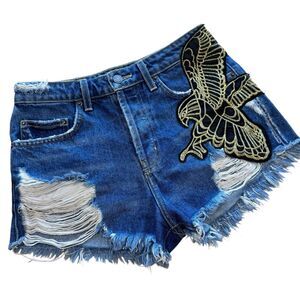 Carmar Denim Jeans Shorts 27 Blue Distressed Eagle Patch Frayed High Rise Y2k